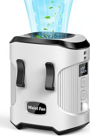 Waist Fan Clip on Shirt Belt Body Wearable Hand-Free Rechargeable Battery Powered Fan with 3 Speed & Flashlight Cooling Portable Neck Fan for Outdoor Camping Travel