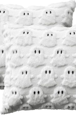 AVOIN colorlife Halloween Ghost White Throw Pillow Cover Set of 2, 18 x 18 Inch Soft Plush Faux Fur Jacquard Spooky Cushion Case Decoration for Sofa Couch