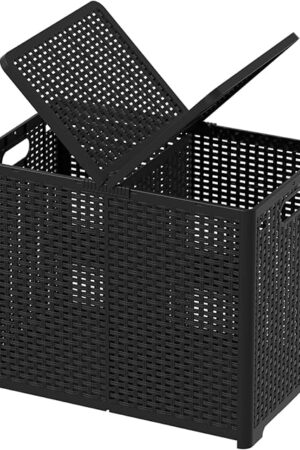 Asking 80L Collapsible 2 Section Divided Clothe Hamper, Plastic Folding Laundry Basket, Black, F
