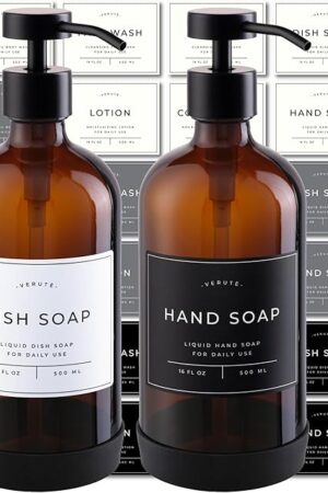 16oz Glass Soap Dispenser with Stainless Steel Pump, 21 Waterproof Labels, Non-Slip Protective Silicone Pad, Set of 2 for Bathroom & Kitchen (Amber Bottle/Black Pump)