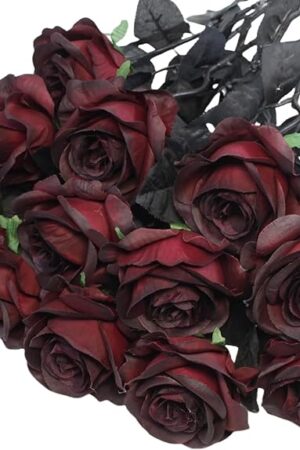 Artificial Roses Flowers, 12 Pcs Fake Burgundy Rose in Bulk, Long Stem Realistic Silk Roses Bouquet for Halloween Decoration, Fall Home Decor, Centerpieces, Flower Arrangement (Burgundy, 12-PCS)