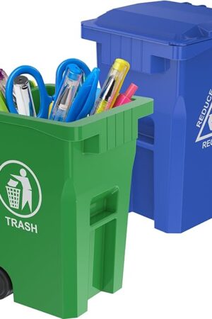 Wiosi Mini Garbage Trash Pen Holder for Desk, Pack of 2, Blue & Green, Tiny Recycle Bin Pencil Holder | Storage for Pencils & Pens | Office Stationery to Organize The Desk | Ideal for Student Work