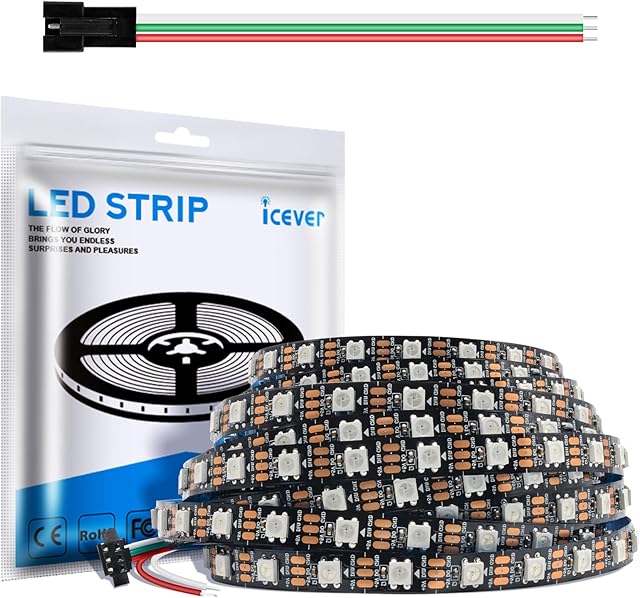 16.4FT WS2812B 5V LED Strip Lights 300 Individual Addressable RGB IC 5050SMD LEDs - Flexible Black PCB IP30-60LEDs/m MagicRGB Dream Color for DIY Chasing Color Project (No Power Supply & Controller)