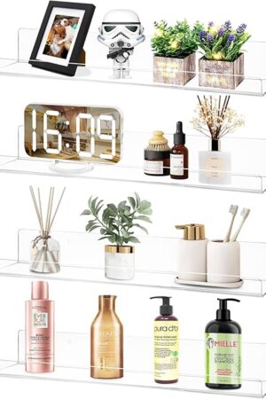 Dezzer 4 Pack Acrylic Shelves for Wall, 15" Clear Acrylic Floating Shelves for Bathroom Bedroom, Invisible Bookshelf Wall Ledge Storage Shelf Books Perfume Toys Action Figure Display Shelves