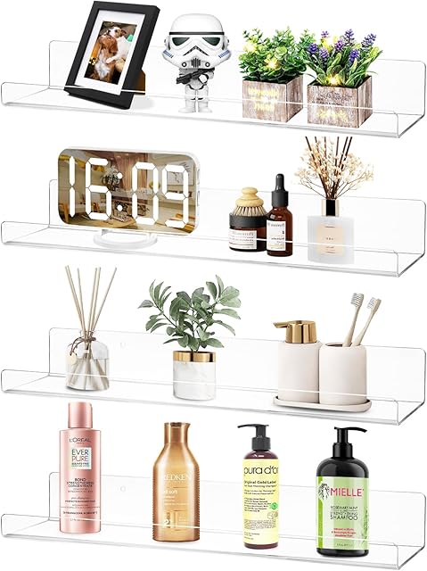 Dezzer 4 Pack Acrylic Shelves for Wall, 15" Clear Acrylic Floating Shelves for Bathroom Bedroom, Invisible Bookshelf Wall Ledge Storage Shelf Books Perfume Toys Action Figure Display Shelves