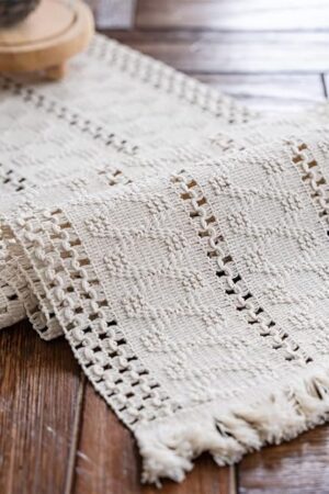 Alynsehom Macrame Table Runner Cream Beige Boho Table Runners with Tassels Hand Woven Cotton Table Runner Rustic Farmhouse Table Runners for Bohemian Kitchen Dining Table(12x71in)