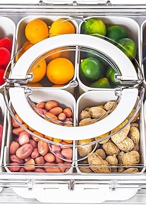 Divided Serving Tray with Lid and Handle,8 Compartments Snacks Box,Snack Fruit and Veggie Tray,Portable Platter for Candy Fruits Nuts Snack Party Entertaining Picnic (1 PCS)