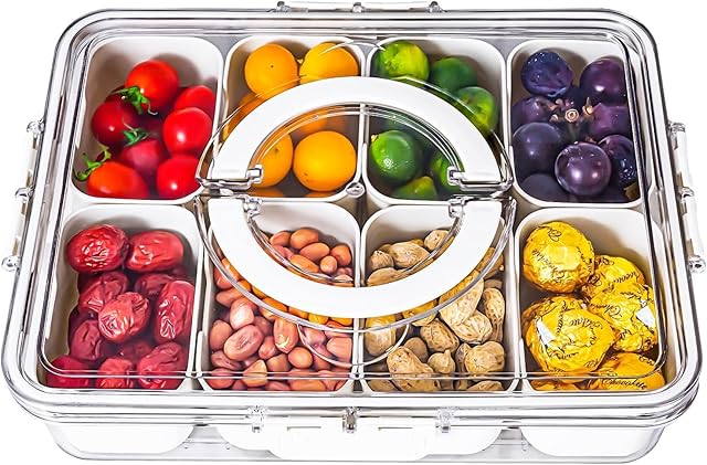Divided Serving Tray with Lid and Handle,8 Compartments Snacks Box,Snack Fruit and Veggie Tray,Portable Platter for Candy Fruits Nuts Snack Party Entertaining Picnic (1 PCS)