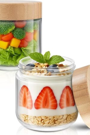 12 oz Chia Pudding Jars with Lids 2 Pack Overnight Oats containers with Bamboo Lids Mason Glass Jars For Salad, Meal Prep Food Storage, Snacks, Spice, Suger, Yogurt