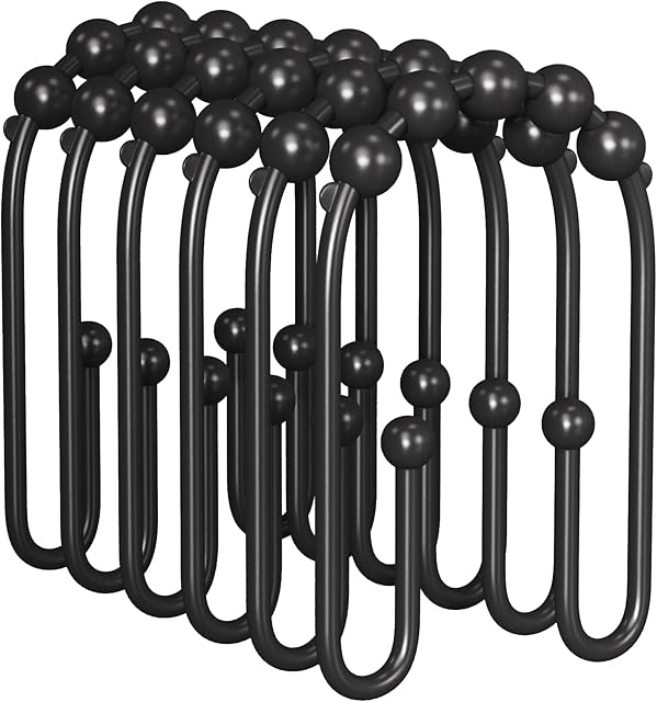 AmazerBath Shower Curtain Hooks, Black Rust Proof Non-Slip Double Hooks for Shower Curtain, Sturdy Metal Rings Bathroom 12Pcs