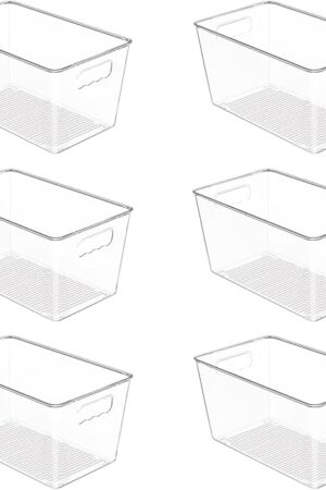 Vtopmart Clear Plastic Storage Bins, 6 PCS Pantry Organizer Bins with Handle for Refrigerator, Fridge, Cabinet, Kitchen, Countertops, Cupboard, Freezer Organization,Medium