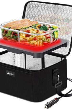 Aotto Portable Oven Electric Lunch Box Food Heater - 12V/24V 2-in-1 Car Food Warmer, Heated Lunch Box for Adults, Cook, Reheat, and Keep Meals Warm for Car, Truck, Travel - Black