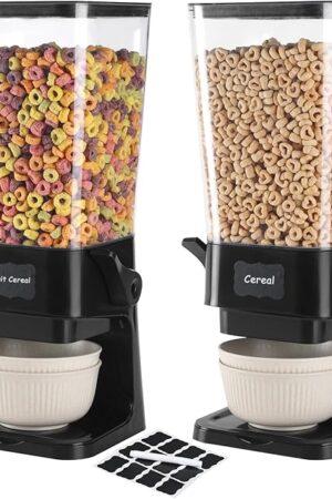 Cereal Dispenser Countertop with Cereal Bowls,16 Labels & Pen, Cereal Containers Storage, Candy Dispenser, Dry Food Dispenser For Pantry - Not Easy to Crush Food (Black, 2 Pack)