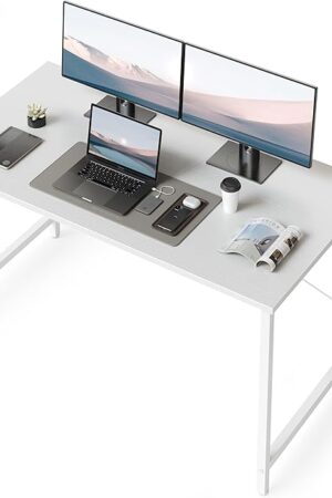 CubiCubi Computer Desk 47" Study Writing Table for Home Office, Modern Simple Style PC Desk, Black Metal Frame, Elegant White