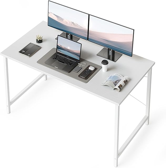 CubiCubi Computer Desk 47" Study Writing Table for Home Office, Modern Simple Style PC Desk, Black Metal Frame, Elegant White