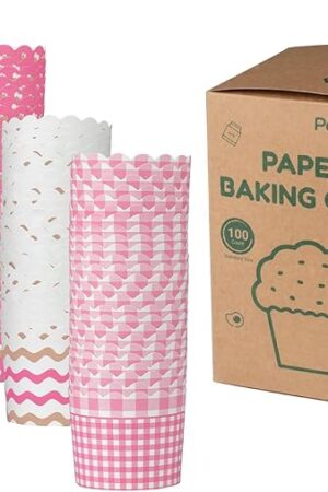 100pcs Baking Paper Cupcake & Muffin Liners - 2.4 Inches, No Baking Pan Needed, Thick & Sturdy, High Temperature & Oil Resistant, Non-Stick - Pink Serie 4 Patterns, Model BK011