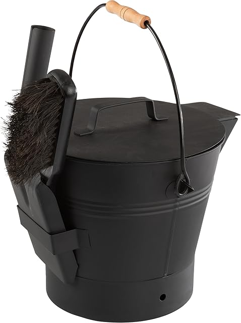 Pure Garden Ash Bucket - Metal Bucket with Lid (2.11-Gallon), Broom, and Shovel for Fireplace or Firepit Ashes - Fireplace Tools (Black) - 1 Count