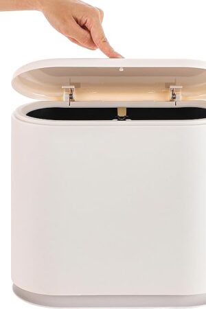 White Slim Rectangular Plastic Trash Can with Press Type Lid,12 Liter / 3.2 Gallon Narrow Trash Bin with Pop-up Lid for Toilet,Bedroom,Bathroom,Office,Kitchen,Powder Room