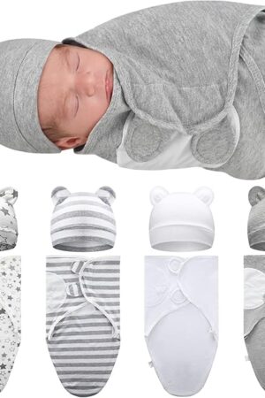 Buryeah 4 Pack Preemie Swaddle Blanket Wrap Set with Hat for Baby Boys Girls 3-7 Lbs Preemie Newborn Clothes Sleepers Cap