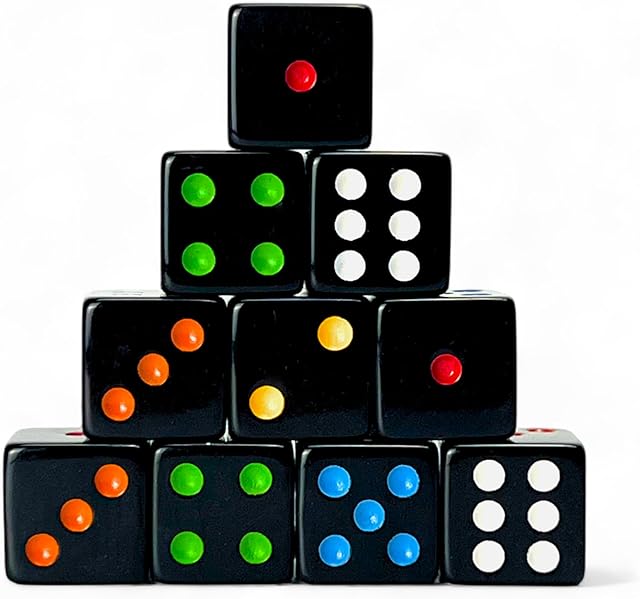 The Luck Lab 10 Piece D6 Multicolor Pip Dice Pack - Acrylic 16mm Square Edge Standard Dice for RPG MTG DND Table Games and Board Games, Storage Bag Included (Black Multicolor)