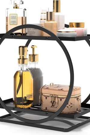 2 Tier Perfume Organizer for Dresser, Black Gold Perfume Makeup Perfume Stand Organizer for Vanity, Cosmetics Ideal Gift for Perfume Lovers-Black