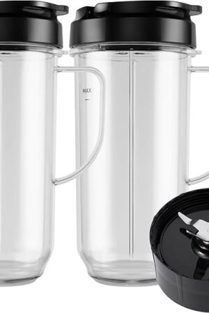 5-piece Magic Bullet Blender Cups, Tall 22oz Cup with Flip-Top To-Go Lid, Cross Blade, Blender Replacement Parts, Mug with Handle Compatible with Magic Bullet 250w MB1001