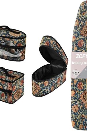 2 in 1 Ironing Board Cover with Fasteners & Iron Carry Case Set - 15x54 Wear-Resistant Material with 3 Straps + Zipper Travel Bag for Full-Size Steam Irons, William Morris Works Print