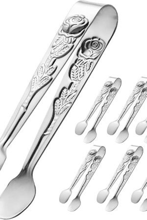 6PCS Mini Serving Tongs 4-Inch Small Rose Sugar Cube Tongs (Silver)
