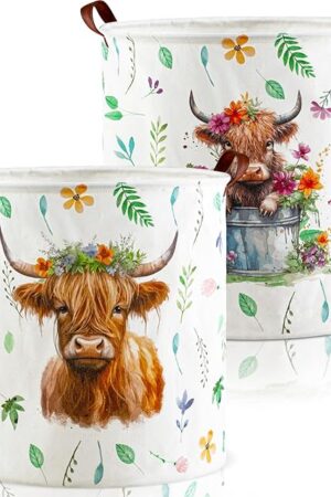 Barydat 2 Pcs Highland Cow Laundry Basket 17. 3'' x 16. 5'' Waterproof Laundry Hamper Nursery Toys Clothes Storage Basket Funny Tote Bag Bin Floral Farm Animal Holder Organizer for Bathroom Bedroom
