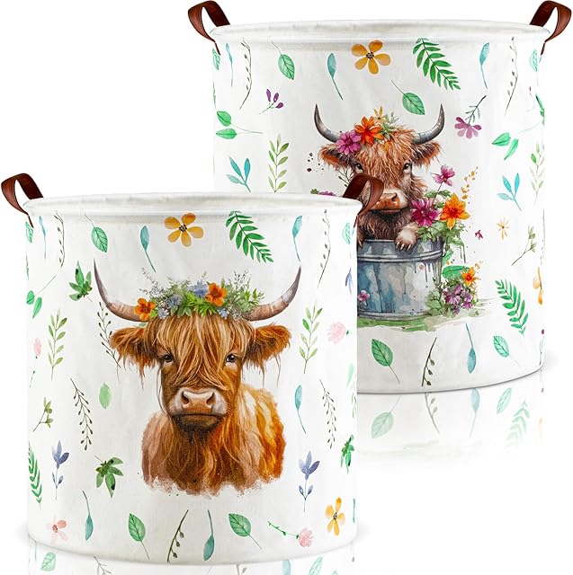 Barydat 2 Pcs Highland Cow Laundry Basket 17. 3'' x 16. 5'' Waterproof Laundry Hamper Nursery Toys Clothes Storage Basket Funny Tote Bag Bin Floral Farm Animal Holder Organizer for Bathroom Bedroom