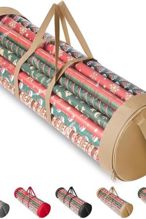 BALEINE Christmas Wrapping Paper Organizer Storage, 41" Gift Wrapping Paper Storage Containers, Clear PVC with Durable 600D Oxford Fabric Gift Wrap Paper Holder Fits 18-25 Rolls, Golden