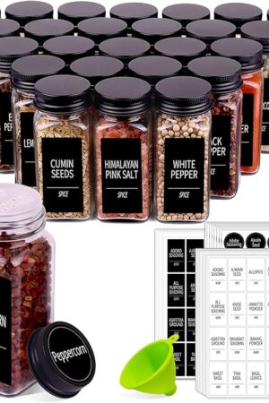 Churboro 25 Spice Jars with 547 Labels- Glass Spice Jars with Black Metal Caps, 4oz Empty Spice Containers with Shaker Lids, Funnel, Chalk Pen, Square Seasoning Bottles for Spice Rack, Drawer, Cabinet