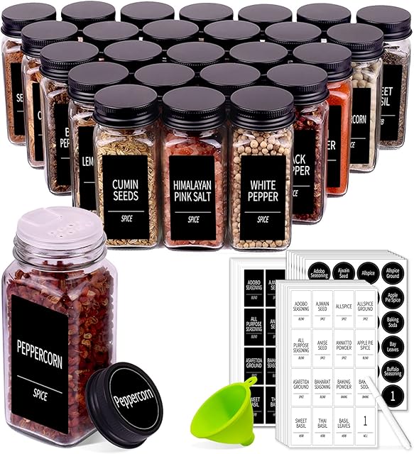 Churboro 25 Spice Jars with 547 Labels- Glass Spice Jars with Black Metal Caps, 4oz Empty Spice Containers with Shaker Lids, Funnel, Chalk Pen, Square Seasoning Bottles for Spice Rack, Drawer, Cabinet