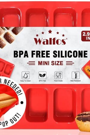 Walfos Silicone Mini Loaf pan, 12 Cavities Mini Bread Pan Brownie Pan, Food Grade & Non-stick, Ideal For Mini Bread, Brownie, Cornbread, Cheesecake & Chocolate