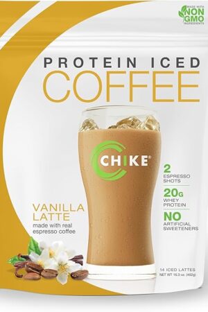 CHIKE Natural Vanilla Latte High Protein Iced Coffee, 20 G Protein, 2 Shots Espresso, 3 G Sugar, Keto Friendly and Gluten Free, 14 Servings (16.3 Ounce)