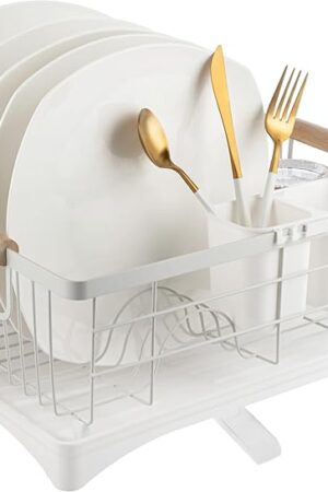 Dish Drainer Rack - Plate, Cutlery, Pots, and Pans Drying Rack for Kitchen with Beechwood Handles - Modern Retro Design Drip Tray with Metal Rack - White