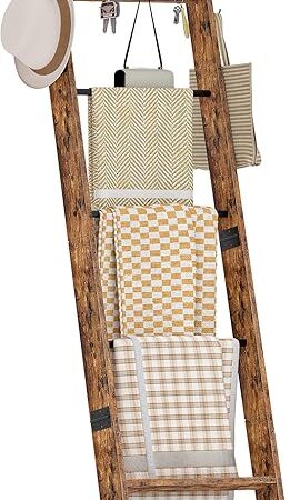 5-Tier Blanket Ladder, Wooden Blanket Display Rack, Towel Ladder with Hooks, Wall Leaning Display Shelf, for Living Room, Bedroom, Balcony, Rustic Brown and Black MCJ02FG