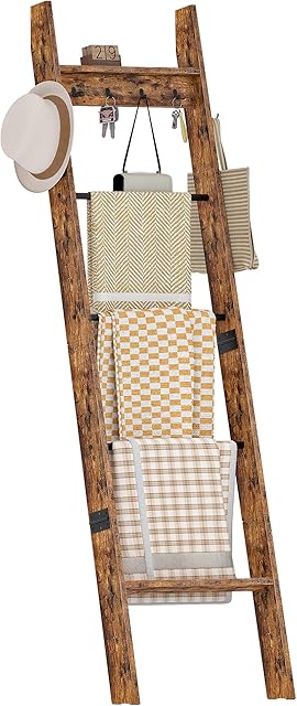 5-Tier Blanket Ladder, Wooden Blanket Display Rack, Towel Ladder with Hooks, Wall Leaning Display Shelf, for Living Room, Bedroom, Balcony, Rustic Brown and Black MCJ02FG