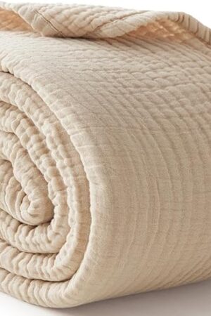 100% Cotton Blanket Large 50"x 70", 6 Layers Muslin Blankets, Cooling and Soft Throw Blanket for Bed and Couch, Breathable Quilt Bedspread, Gauze Bedding for Adults, Oatmeal, Beige Linen