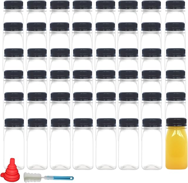 48pcs 4oz Small Plastic Juice Bottles with Caps, Mini Reusable Juicing Bottles with Tamper Evident Lids for Homemade Beverage