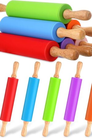 Dandat Small Rolling Pin Kids 12 Inch Mini Silicone Rolling Pin for Baking Non Stick Kids Dough Roller with Wooden Handle for Kitchen Cookie Pastry Fondant Cake 6 Colors(6 Pcs)