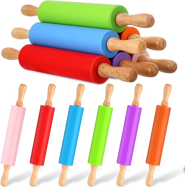 Dandat Small Rolling Pin Kids 12 Inch Mini Silicone Rolling Pin for Baking Non Stick Kids Dough Roller with Wooden Handle for Kitchen Cookie Pastry Fondant Cake 6 Colors(6 Pcs)