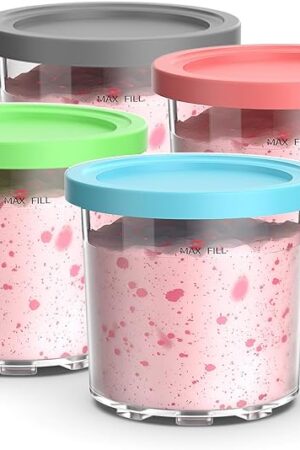 Containers Replacement for Ninja Creami Pints and Lids - 4 Pack,16oz Ice Creamy Containers Cups Jars Canisters Set Compatible with NC299AMZ & NC300s Series Ice Cream Maker- 4 Pack Pink Grey Blue