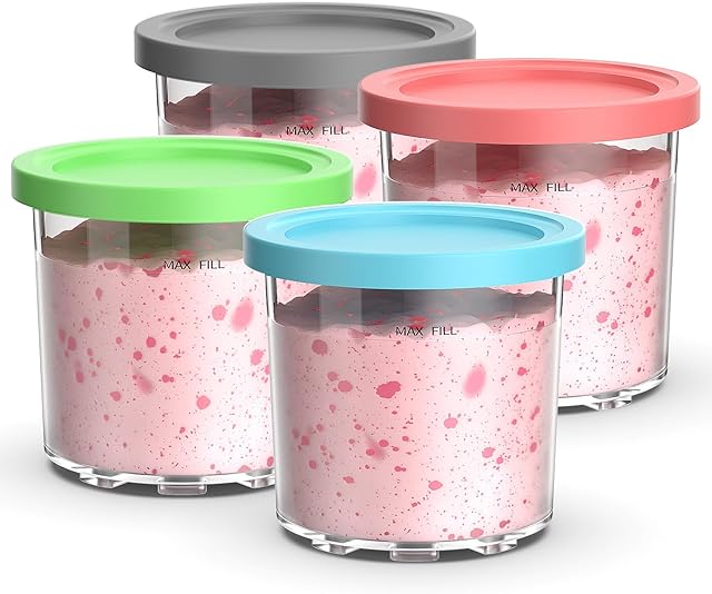 Containers Replacement for Ninja Creami Pints and Lids - 4 Pack,16oz Ice Creamy Containers Cups Jars Canisters Set Compatible with NC299AMZ & NC300s Series Ice Cream Maker- 4 Pack Pink Grey Blue