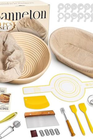Banneton Bread Proofing Basket Sourdough Bread Baking Supplies, Sourdough Starter Kit with 9" Round & 10" Oval Banneton Baskets, Bread Lame, Sling, Spatula, Scraper, Dough Whisk
