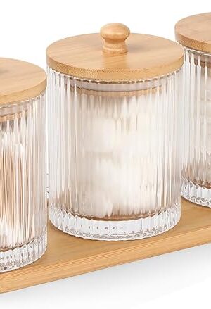 3 Pack Qtip Holder - Bathroom Organizers and Storage, Cotton Round Holder Floss Pick Holder Cotton Ball Holder with Tray, Glass Apothecary Jars with Lids, Cotton Swab Dispenser Set -sw clear y