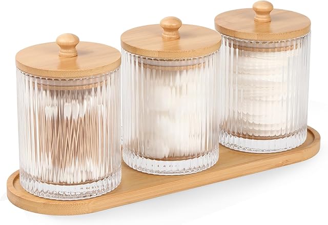 3 Pack Qtip Holder - Bathroom Organizers and Storage, Cotton Round Holder Floss Pick Holder Cotton Ball Holder with Tray, Glass Apothecary Jars with Lids, Cotton Swab Dispenser Set -sw clear y