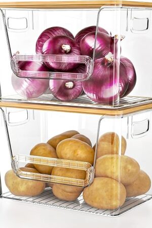 Delamu 2 Set Pantry Organizers and Storage,Trash Bag Dispenser with Bamboo Top,Stackable Trash Bag Holder Under Sink Organizer for 4-30 GalBags,Onion,Potato,Fruits,Clear(11-7/32"L*7" W*7-1/8"H)