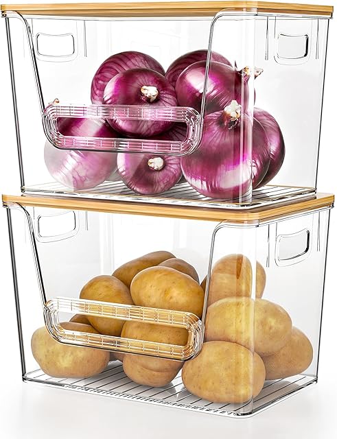 Delamu 2 Set Pantry Organizers and Storage,Trash Bag Dispenser with Bamboo Top,Stackable Trash Bag Holder Under Sink Organizer for 4-30 GalBags,Onion,Potato,Fruits,Clear(11-7/32"L*7" W*7-1/8"H)