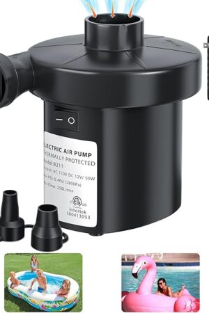 Air Pump Electric Air Pump for Inflatables Air Mattress Pump with 3 Nozzles Inflator Deflator for Air Beds Swimming Ring Inflatable Pool Toys 110V AC/12V DC (50W)